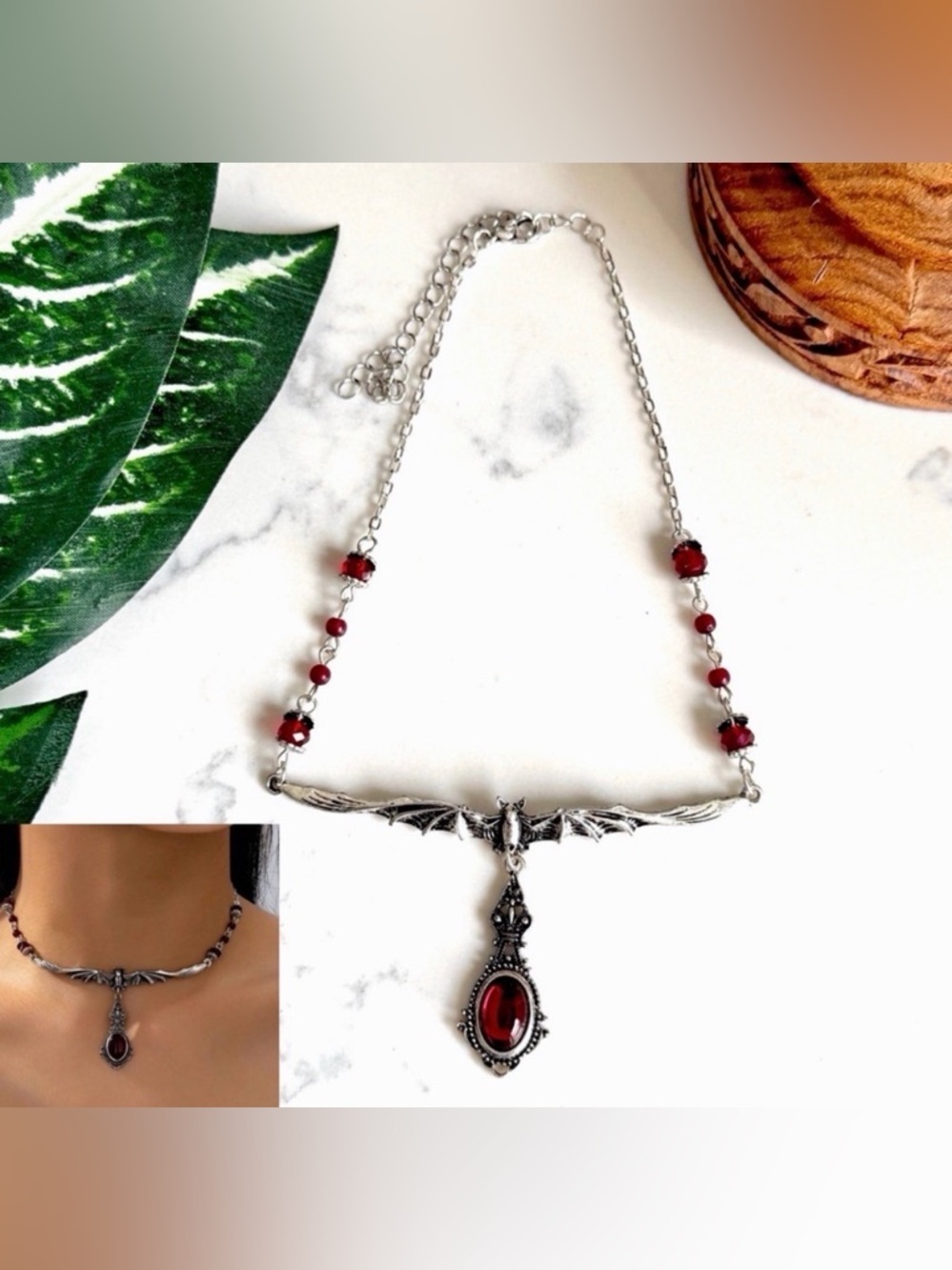 2/$30🌵 Red Stone Bat Wings Y Choker Necklace Victorian Gothic Jewelry Gift NEW